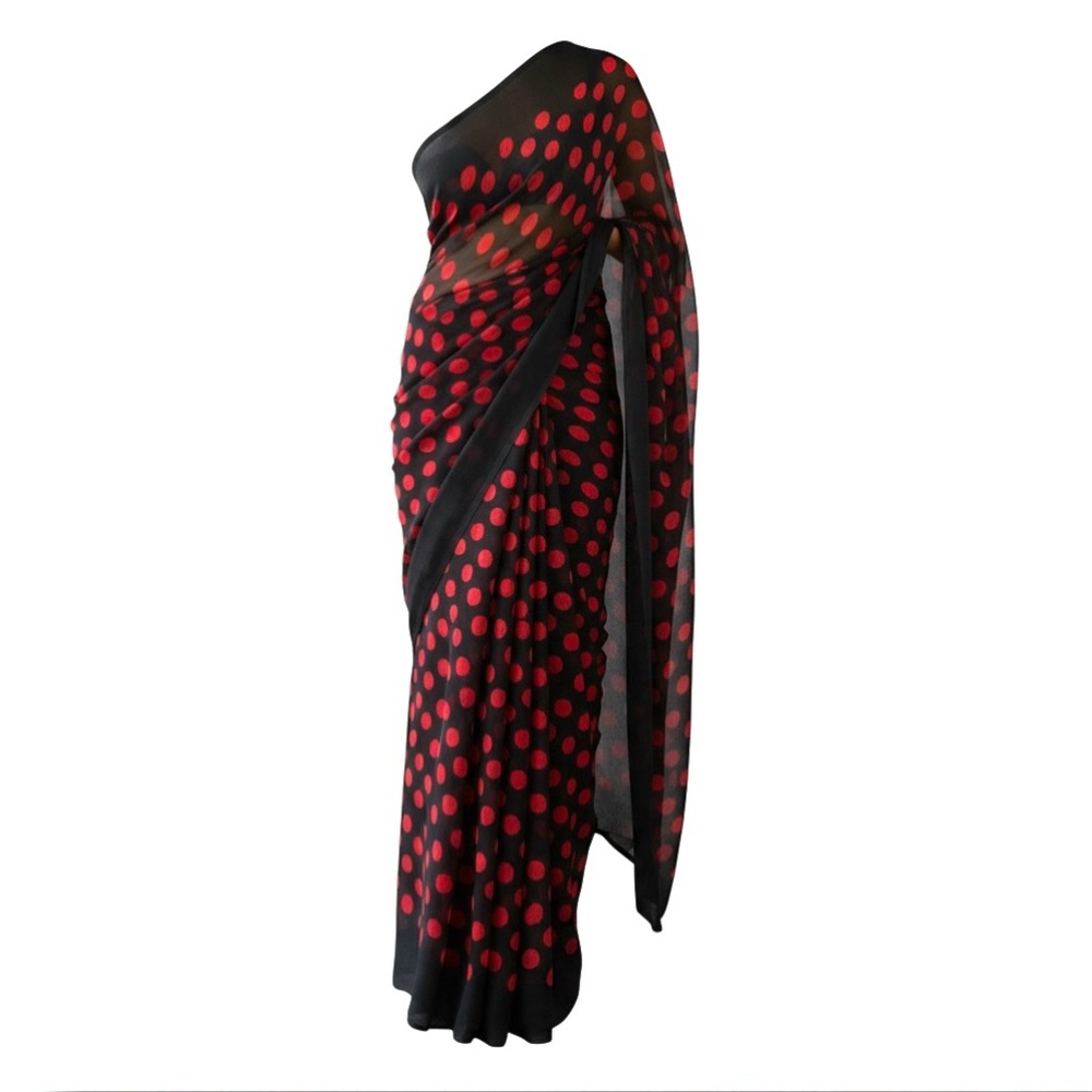 Nwots Elegant Black and Red Polka Dot Saree fabric